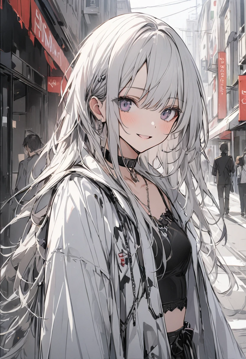 (One person, slim,small breasts,bangs,silver long hair,Slope_eye),BREAK,(date me at street,happy with me),BREAK,Conceptual Art, masterpiece, Super Detail, Attention to detail, high quality, 最high quality, High resolution