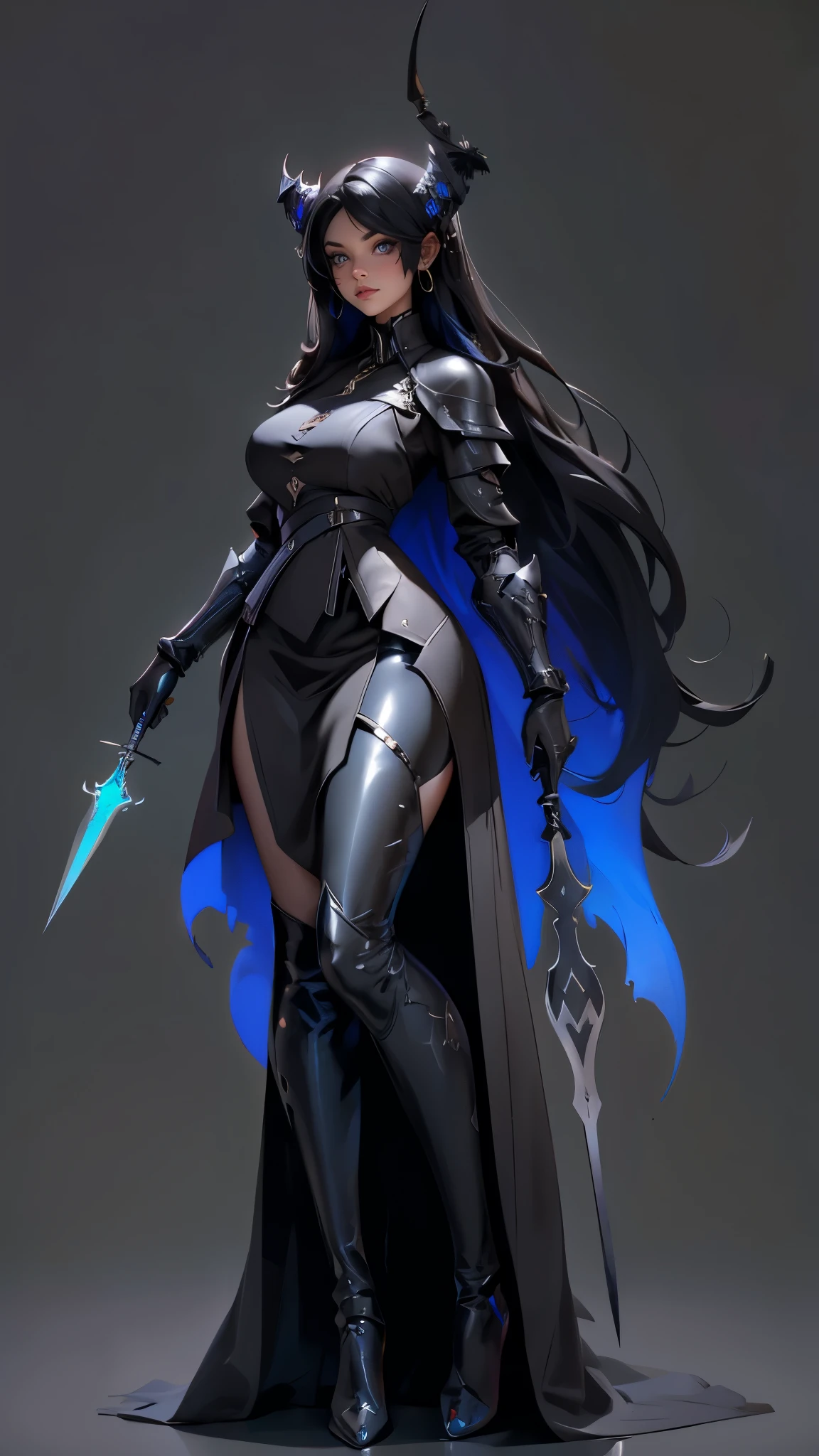 envision a 8k, highres, cinematic, full body beautiful design sheet of a Tall curvy woman named Nerissa Novella with long black hair, devil horns, blue eyes, wearing a black sleek dress with magic attachments and armor plates wielding a tuning fork spear against a dark background