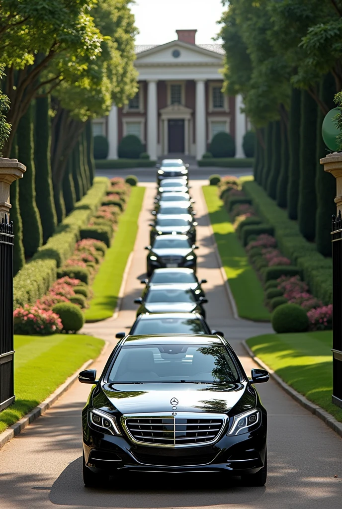 A convoy of 6 Mercedes Benz s600 Pullman making it's way through the gate and drive way to a mansion that has a beautiful flowers,grass and trees the first one should have a green flag on the right side of the Bonet of the vehicle just a small one on the front to the right