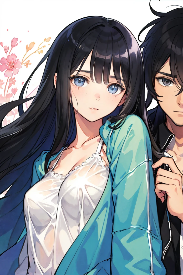 couple, man and woman, love, mature, a cat woman, she has freckles, she has dark brown eyes and an upturned nose, she is happy and smiling, she has long wavy hair, black hair, she is wearing aviator sunglasses with clear lenses in a soft watercolor style. The girl's clothes must be pink, purple, and blue in celebration of the bisexual, with stains of ink and watercolor mixing and filling the scene. There should be a subtle, nuanced change in colors using the impasto technique with gouache paint. There should be a light rain in the watercolor painting with a little watercolor paper texture and a pastel background.