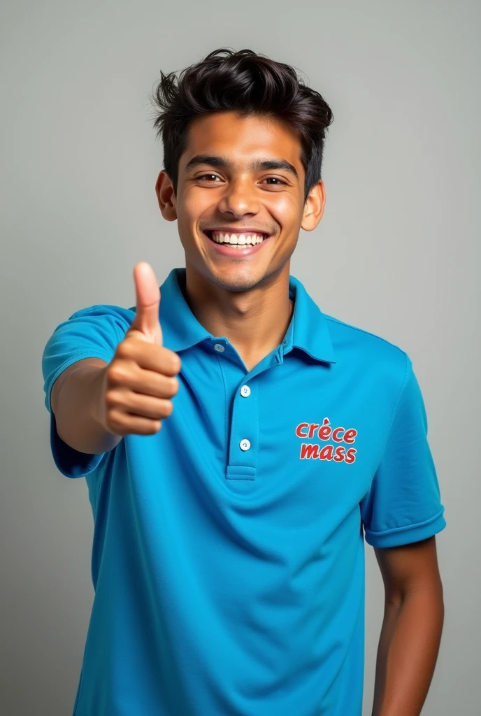 Create a realistic young Latino with a polo shirt collar in total electric blue. besides, The polo shirt must have the phrase " CRECE MASS" printed on the right chest. Must have thumb up . The young person must be between 20 and 2.