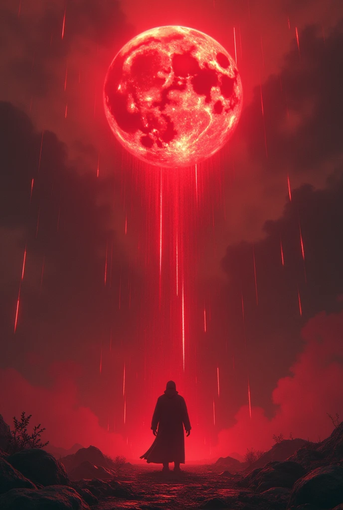 A raining crimson blades across the skies with red and dark color with highest quality domain expansion and there's a man standing in the middle chanting and put a crimson realistic moon make it quite darker and some badass effects make it dark and the red color make it darker-red