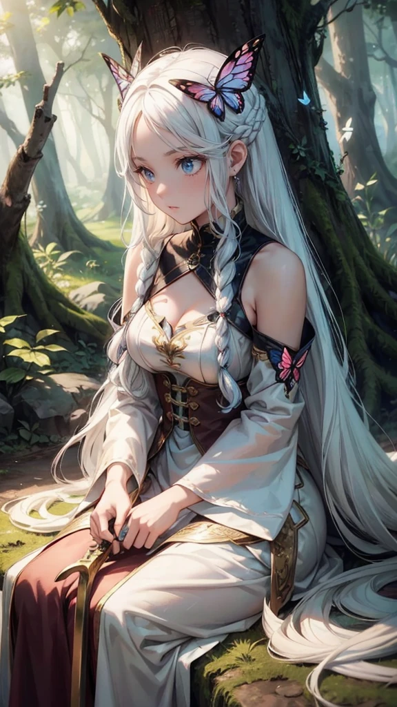 an anime character with long white hair and a sword,in a forest,a sense of adventure,friends,asia, weapon, butterfly, sword, long hair, bug, hair ornament, blue eyes, sitting, butterfly hair ornament, flower, white hair, dress, aerial shot, bright color grading, light leaks, epic fantasy(Hair style:1.5)(detailed landscape:0.6)(feminim:1.2)(hand detailed:0.2)(background masterpiece:0.1)
