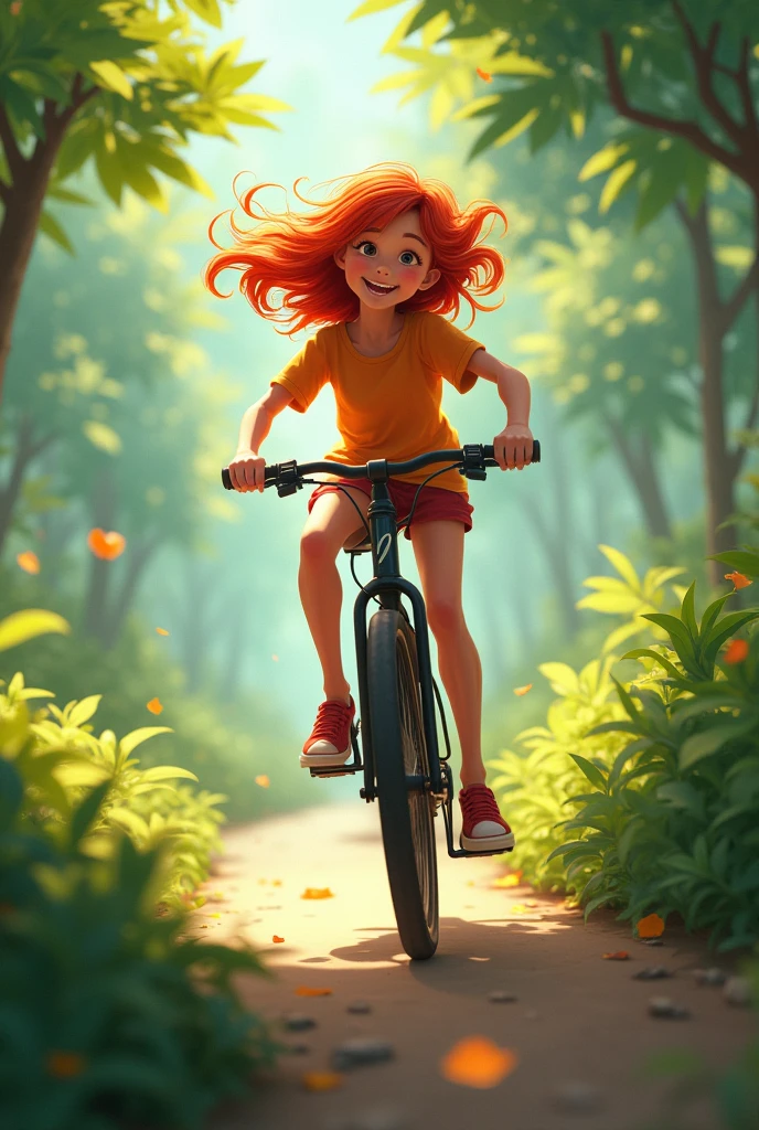 A girl with red hair on a bike