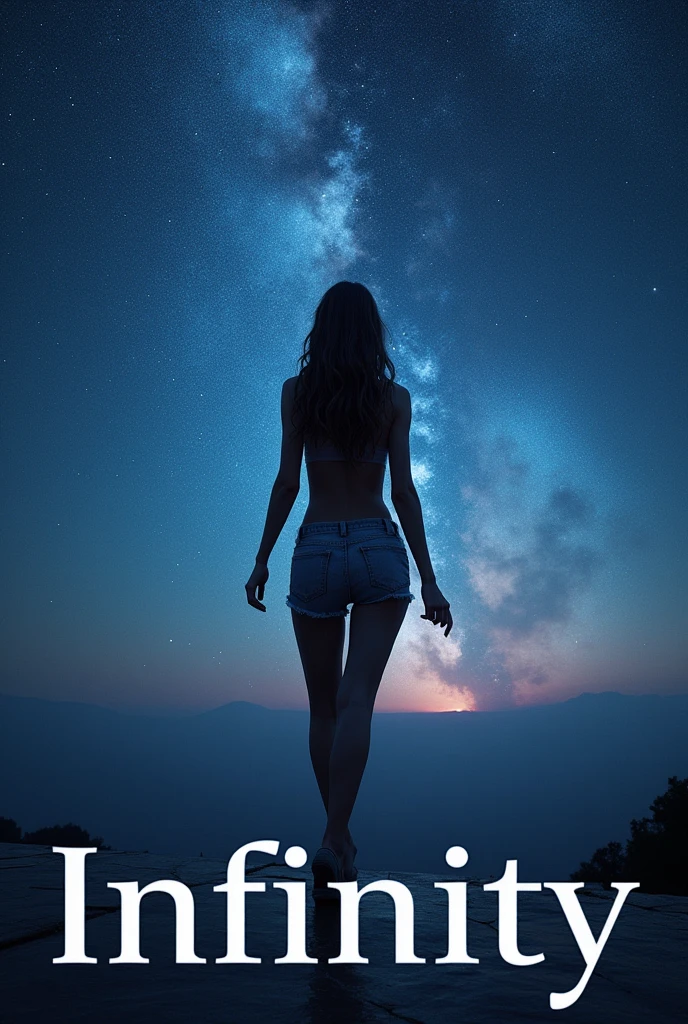 word "infinity" It's written in large letters at the bottom of the screen, ((masterpiece, best quality, Best image quality, high resolution, realistic, RAW photos, 8k)), ((Highly detailed CG integrated 8k wallpaper)), (Huge Amazing Goddess Shot, very hot and sexy, jaw-dropping beauty, perfect proportions, beautiful body, slim body beauty:1.4), midnight, Looking up at the starry sky from the observation deck of a giant spaceship, The sky that the ancient gods looked up to, Origin of Humanity, seen from behind,