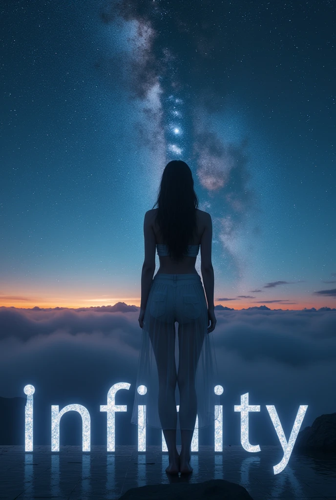 words "unlimited" It's written in big letters at the bottom of the screen., ((masterpiece, Highest quality, Best image quality, High resolution, Realistic, RAW Photos, 8k)), ((Highly detailed CG synthesis 8k wallpaper)), (Huge and stunning goddess shot, Incredible beauty, Perfect Proportions, Beautiful body, Slim body beauty:1.4), Midnight, Looking up at the stars from the ruins of ancient Greece, Ancient Gods々The starry sky that I looked up at, The origin of humanity,
