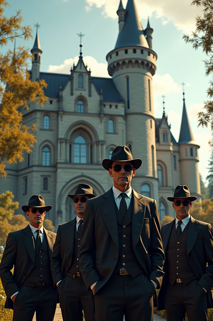 Beautiful Victorian style castle with gangsters in front, louis vuitton