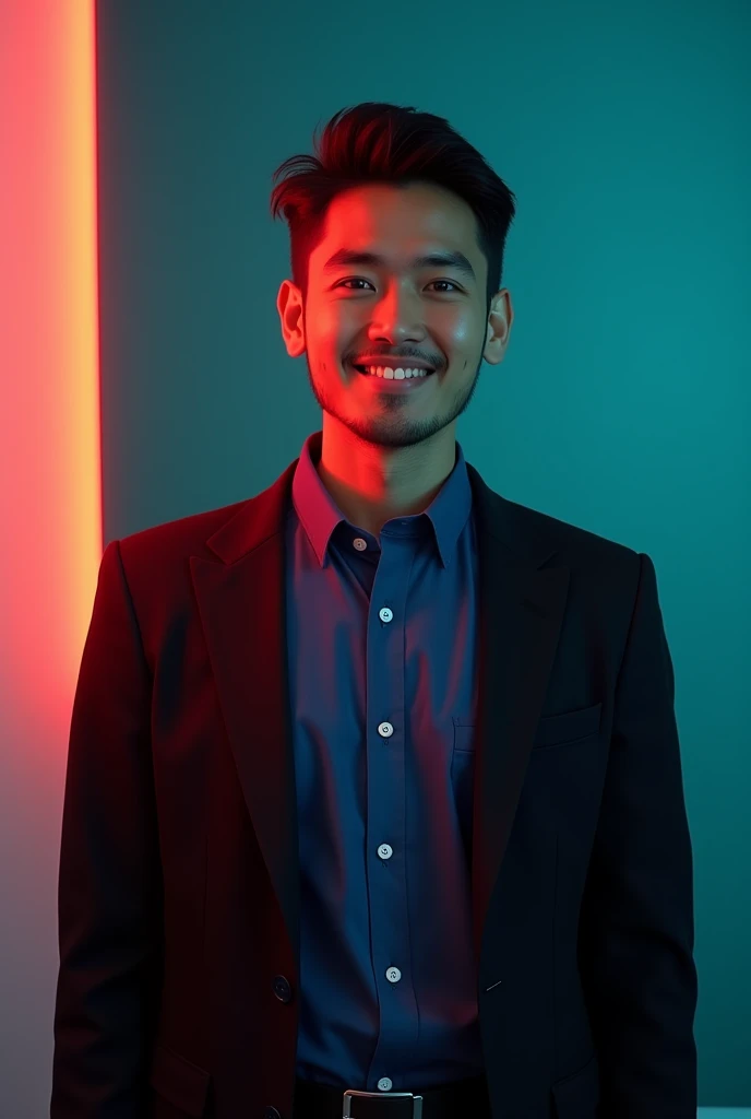 A young man with dark hair and a confident smile.He is dressed in a black blazer over a blu panjabi. The man is positioned againts aqua color backdrop with a subtle red ligthing on the left side.and he posing for linkerdin profile