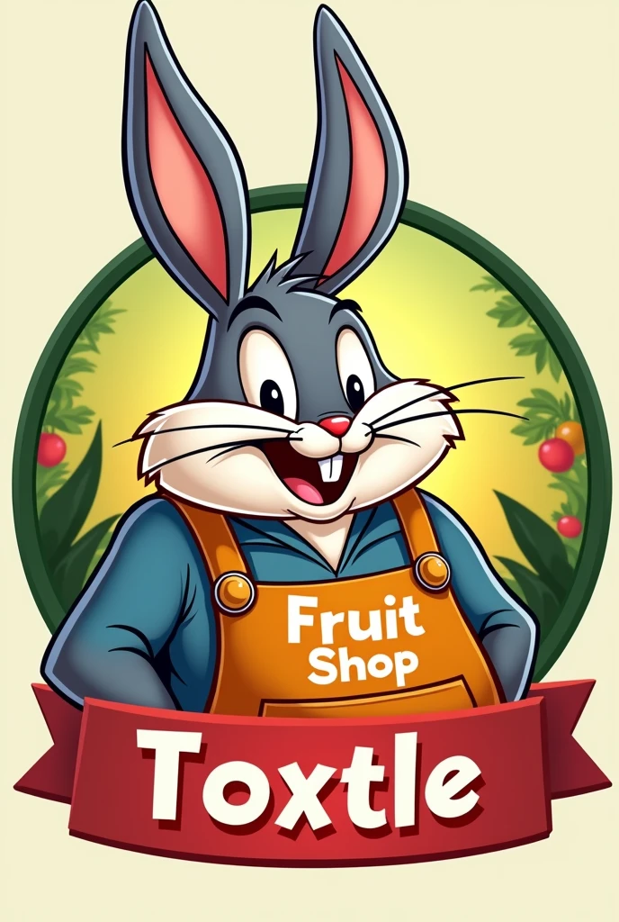 Logo with a chubby Bugs Bunny with an apron where it says Toxtle Fruit Shop.