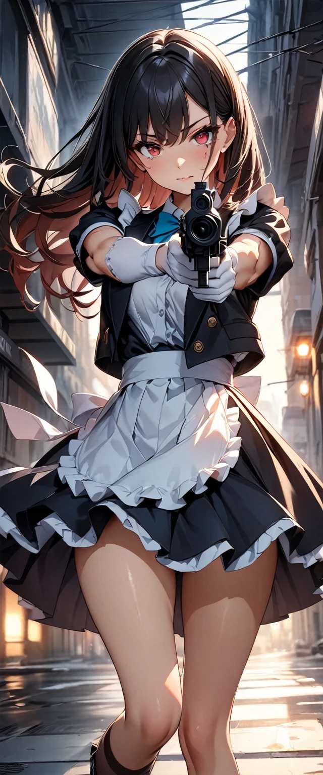 (Perfect Anatomy)、masterpiece、super high quality、 8k、masterpiece、Highest quality、Ultra-high resolution、Maximum resolution、Very detailed、Professional Lighting、anime、Adult female、thin、so beautiful、Very detailedな目、high school girl、Maid clothes、Equipped with an assault rifle、(((Scar L )))、Red Eye、Black Hair、Hangerless Long Gloves、Red glasses、Going into battle alone、(((Assault rifle and take aim))), (((aiming at viewer gun))), One person