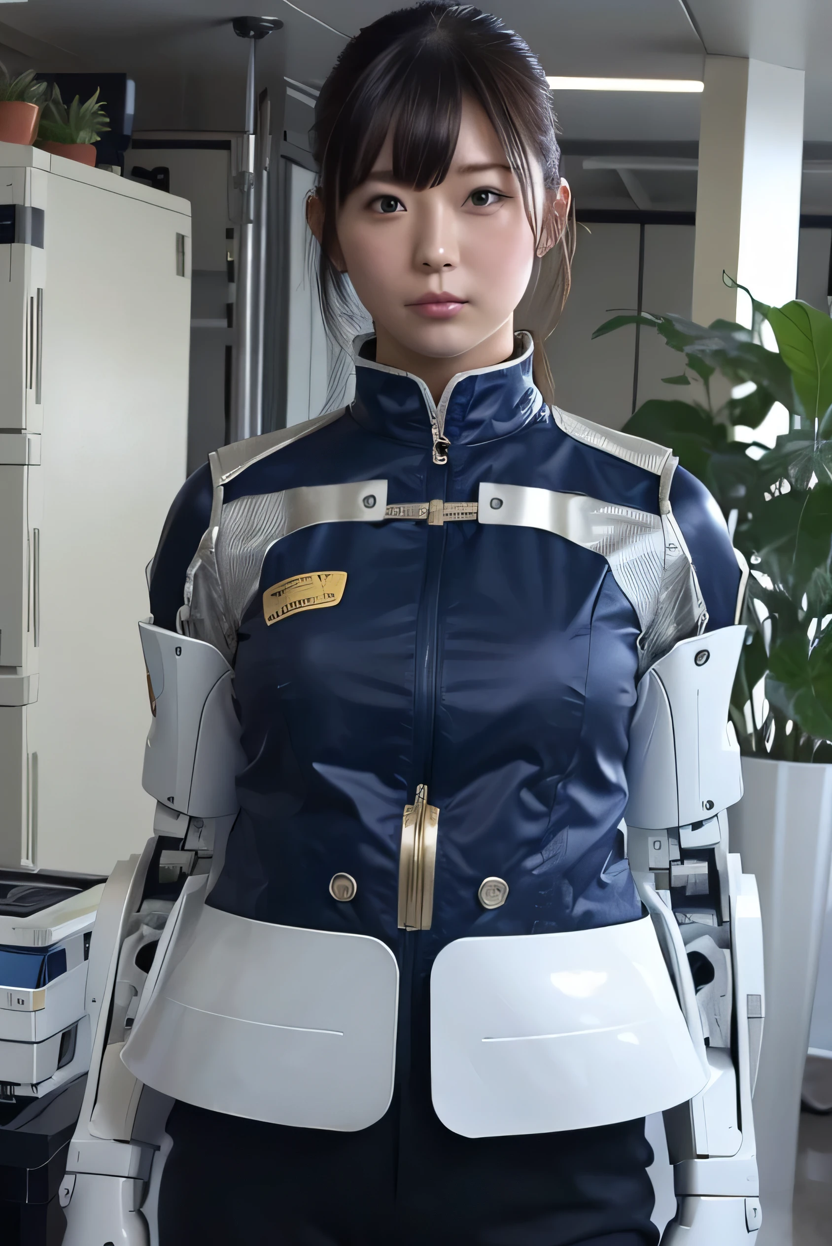 masterpiece, best quality, extremely detailed,portrait, Japanese android girl,Plump ,control panels,robot arms,robot,android,cyborg,robot body,blunt bangs,robot repair plant,black skinny pants,boots,blue eyes, office-lady