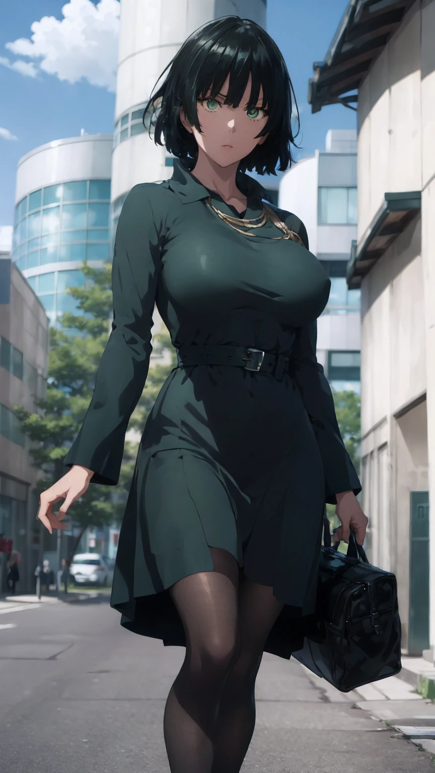 Fubuki from anime one punch man, fubuki, Best quality, Masterpiece, Ultra-detailed, Detailed light, (RAW photo:1.2), (Photorealistic:1.4),(Masterpiece:1.3),(Best quality:1.4), 1girll, Solo, Waist up, short hair , don't have clothes，Naked of breast，huge tit，nacked hip，Giant buttocks，Golden breasts，Intimidation eyes, Tight dark green dress, pantyhose