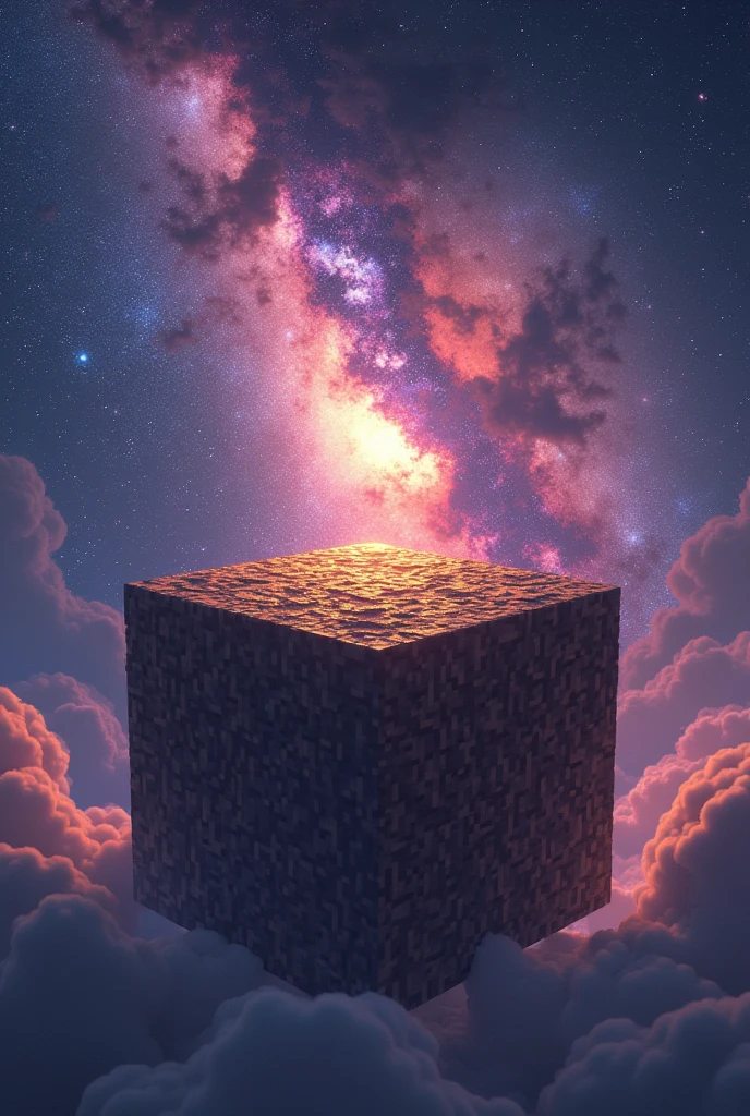 I need an image with a galaxy world on top of a minecraft cube of dirt with minecraft textures and that says Galaxy World