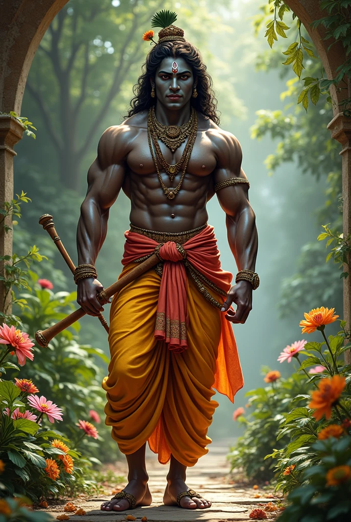 Lord Krishna with muscular body in a garden and flute in the hand