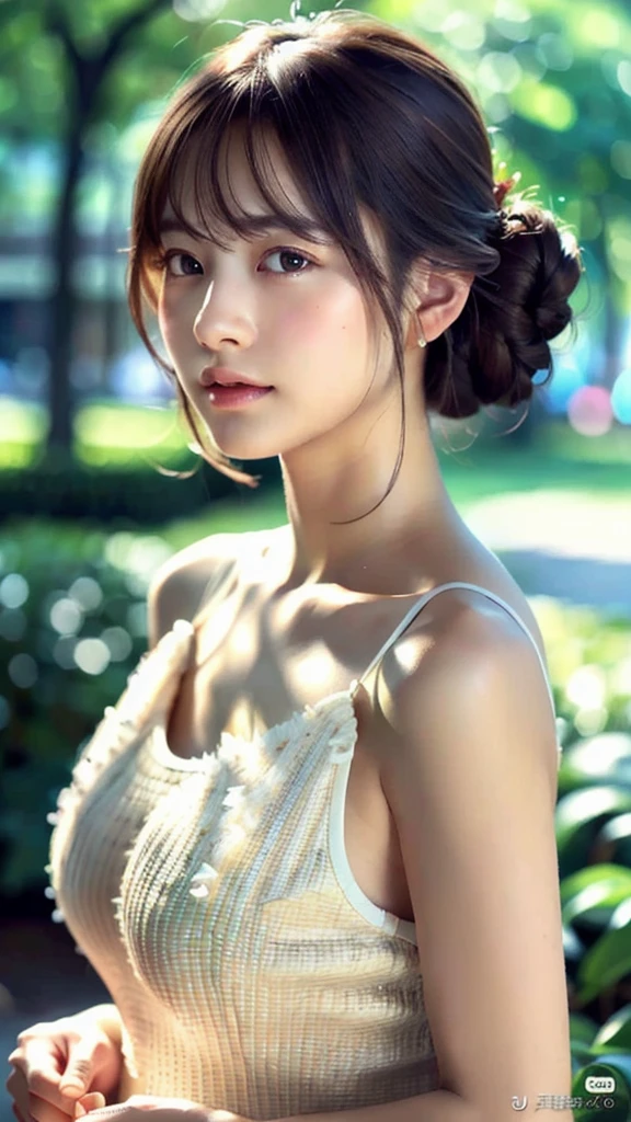 (ultra-detailed CG artwork:1.2), (photorealistic:1.3), (Japanese woman:1.1), A girl, solo, portrait, gentle expression, hairstyle updo, white sundress, park background