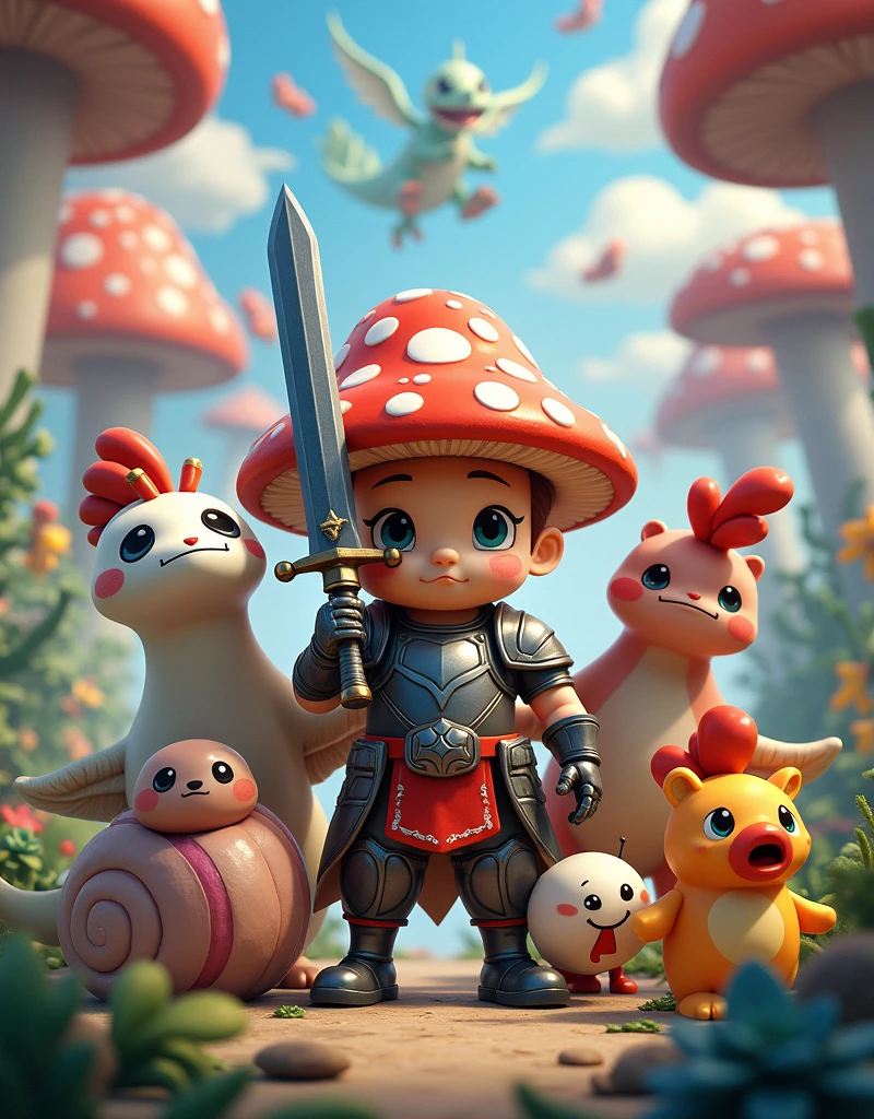 A mushroom swordsman dressed in armor is standing alongside his companions: a robotic dragon, a chubby slime warrior, a snail that resembles a dessert, a panda bear, and a rooster who is also a fighter. All of them are standing together in a whimsical fantasy setting, ready for their next adventure