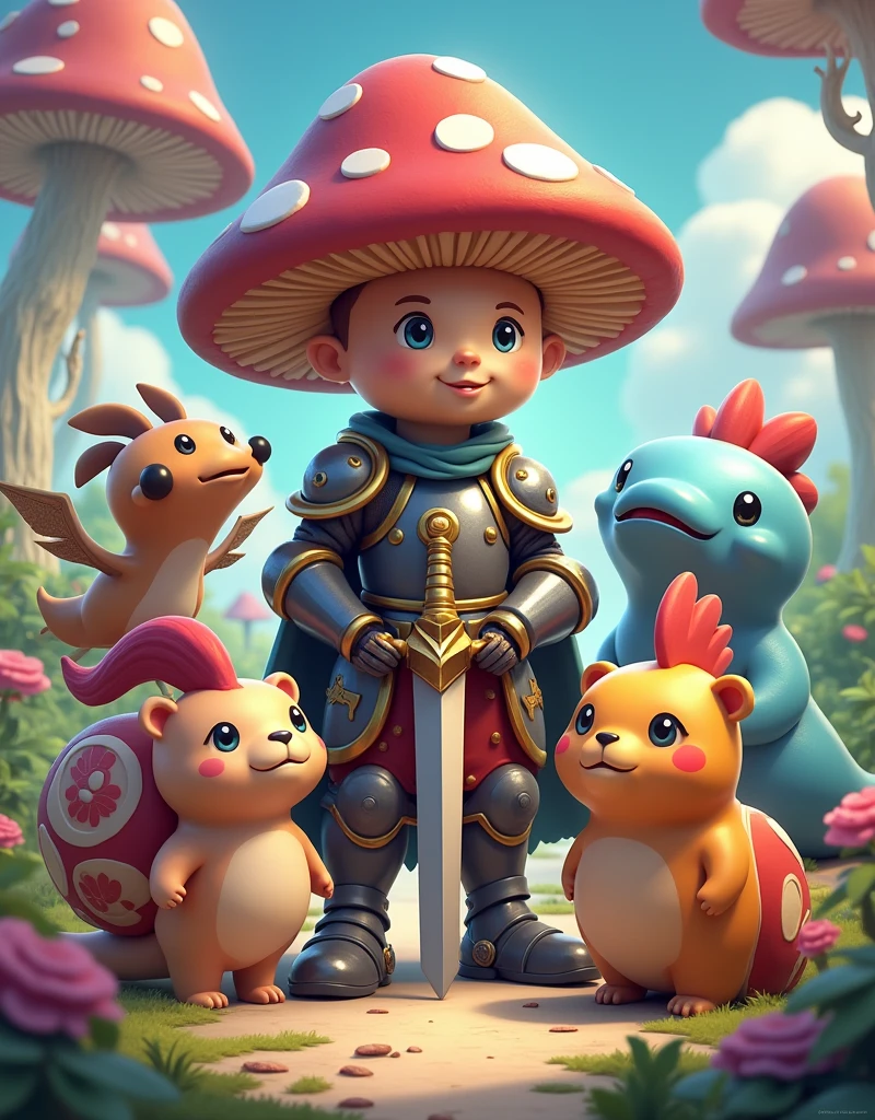 A mushroom swordsman dressed in armor is standing alongside his companions: a robotic dragon, a chubby slime warrior, a snail that resembles a dessert, a panda bear, and a rooster who is also a fighter. All of them are standing together in a whimsical fantasy setting, ready for their next adventure