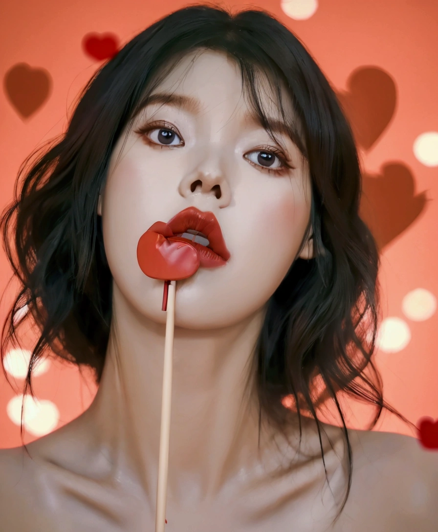 Giraffe woman with a red lip and a red heart on a stick, inspired by Yanjun Cheng, pacifier, Yanjun Chengt, Ilia Kuvshinov. 4k, guweiz, sweet girl, guweiz style artwork, soft portrait 8k, digital art by Ilia Kuvshinov, [ 4k digital art ]!!