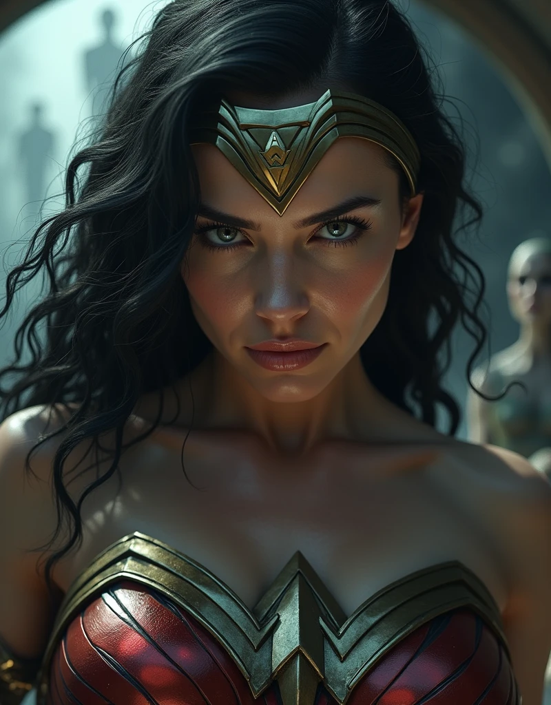 scene from the film, DC Wonder Woman Close-Up, Distorted Space, Distorted undead in the background, lens flares, light axes, details Intricate, highy detailed, volumetric lighting, 4k rendering, photoshot, hyperrealisti, lifelike textures, dramatic lighting, engine unreal