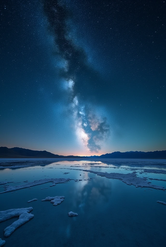((masterpiece, best quality, Best image quality, high resolution, realistic, RAW photos, 8k)), ((Highly detailed CG integrated 8k wallpaper)), A starry sky reflects on the Uyuni salt flats,