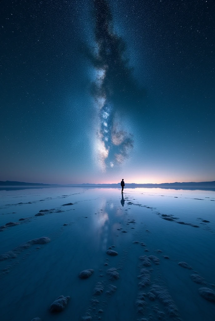((masterpiece, best quality, Best image quality, high resolution, realistic, RAW photos, 8k)), ((Highly detailed CG integrated 8k wallpaper)), A starry sky reflects on the Uyuni salt flats,