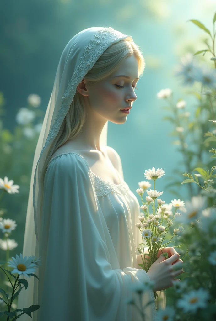 Create a high definition image of Our Lady in a serene and balanced environment. She must be in a quiet space, like a garden or a calm natural environment, with an expression of peace and balance. , and use soft colors like blues and greens. The image should convey a sense of calm and harmony.."