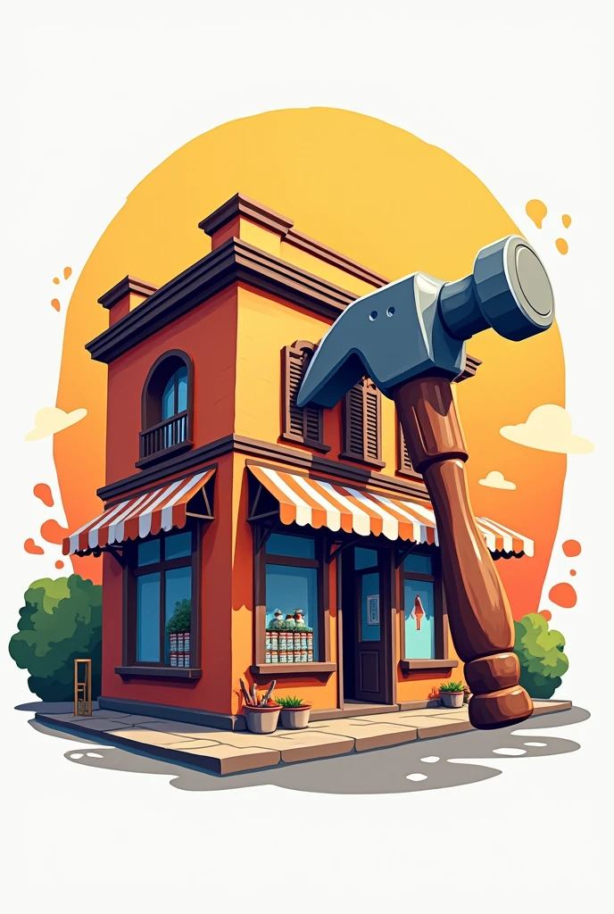 A fictional hardware store logo showing the hardware store and a hammer fixing it in Spanish