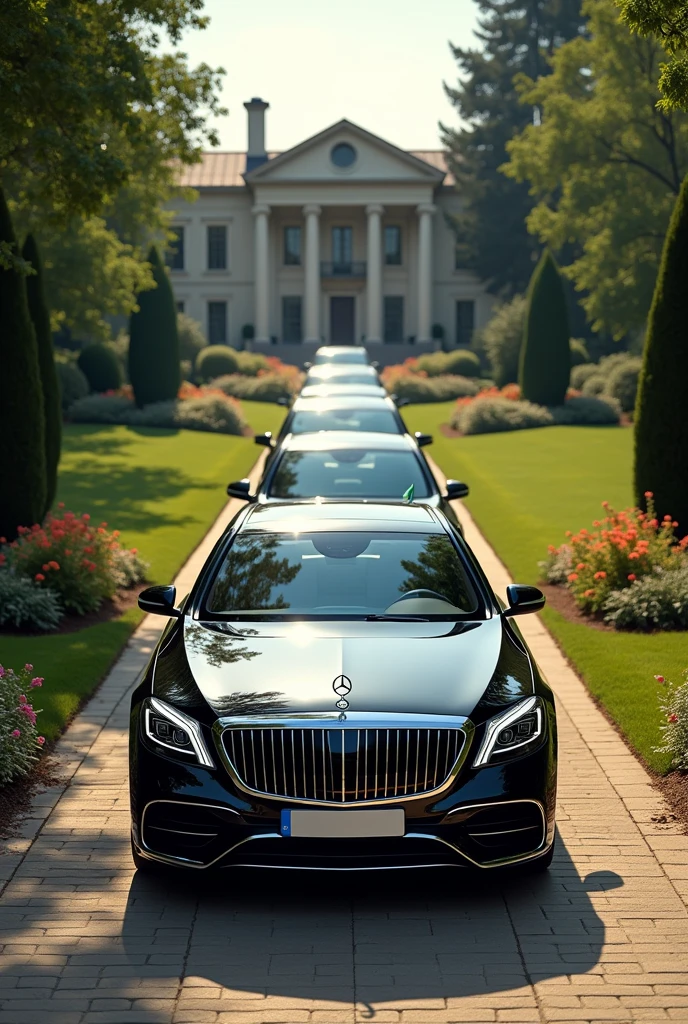 A convoy of 6 Mercedes Benz s600 Pullman making it's way through the gate and drive way to a mansion that has a beautiful flowers,grass and trees the first one should have a green flag on the right side of the Bonet of the vehicle just a small one on the front to the right 