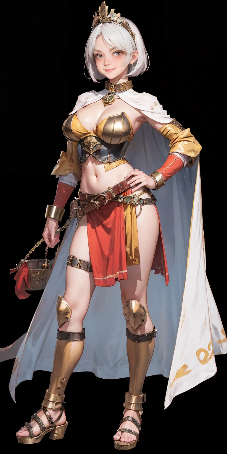 ((BLACK BACKGROUND 1:2, masterpiece)) 1solo female full body standing straight symmetrical with two long thighs and two metal sandals, red eyes like rubies, looking to the viewer, silver white hair, short bob style hair, big knockers breastplate, breastplate, cleavage, tiara royal, long cape up to two feet, yellow bikini (yellow tiger stripes), lustful smirking smiling, smile face (red blushed, red cheeks), pauldrons metal shoulders, gold sleeveless bracelets, separate sleeves, hands on waist hands OR hips, golden bracers, metal handcuffs, leather corset, red loincloth, black leather choker slave collar, shackles bracelets, slave red crest under navel, navel, big belt around waist OR hips, feet together, metal ankles