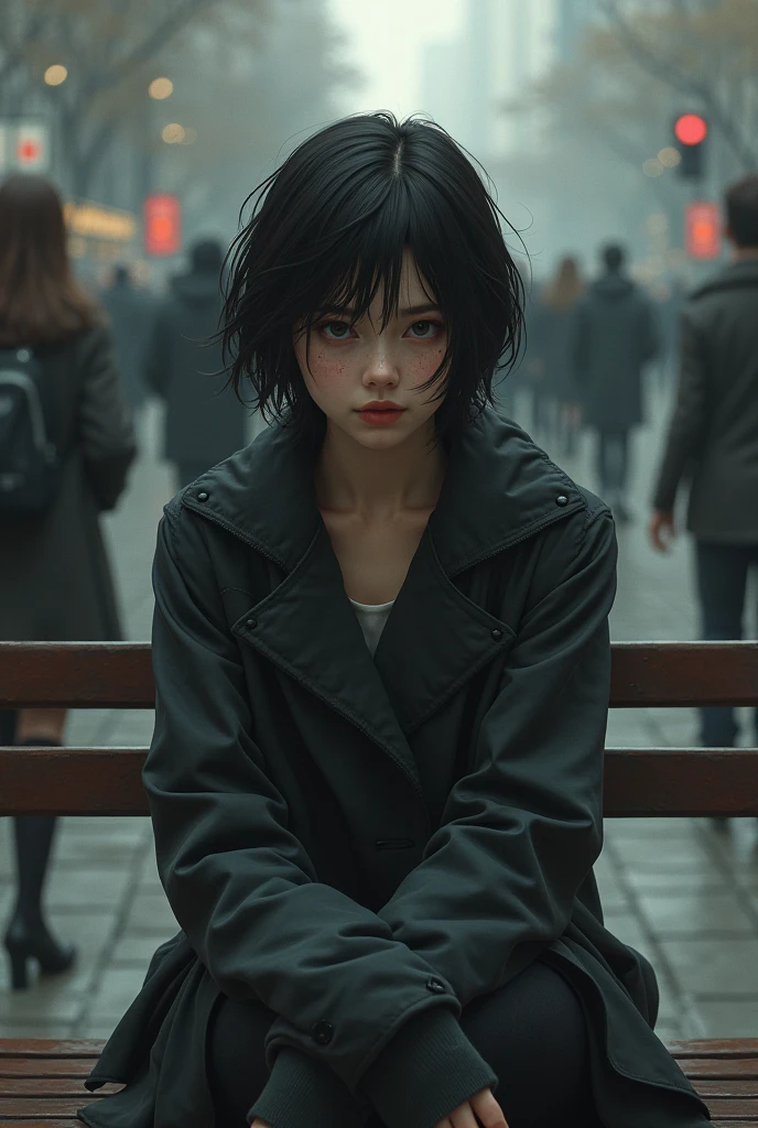 Kizi, short hair in a masculine cut, eyes black, some small freckles on the face, a fake smile. The scene is of her sitting on a bench alone with people around her.