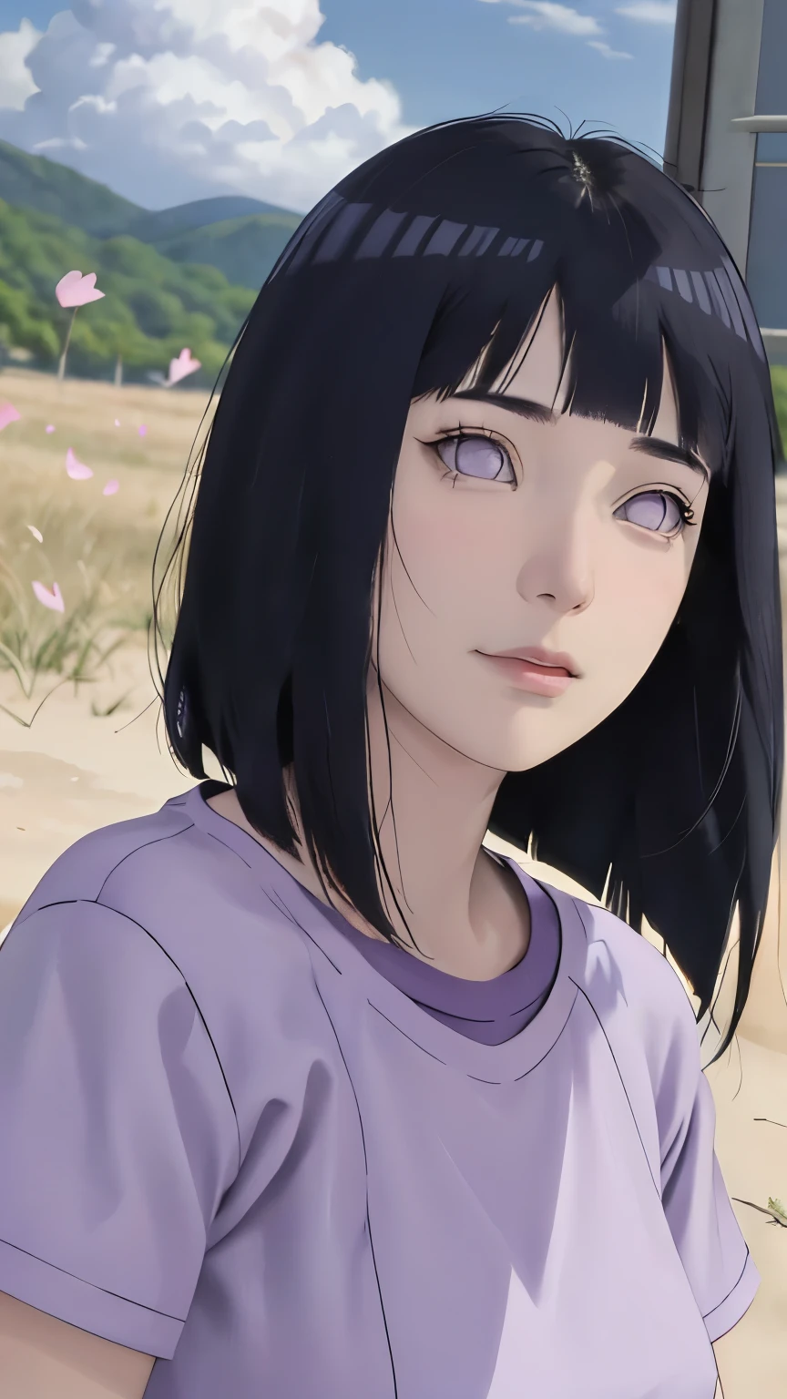 masterpiece、Hinata（bolt）、1 female、solo、Mature Woman、T-Shirts、（Falling petals）、scenery、grassland、Cloudy、Perfect composition、detailedな唇、Large Breasts、Beautiful Face、Body Proportions、blush、（Pink Lips）、Long Hair、Purple Eyes、Soft gaze、Sad smile、Ultra-realistic、detailed、photo shoot、Realistic face and body、Realistic Hair、Realistic eyes、Realistic nose、Realistic lips