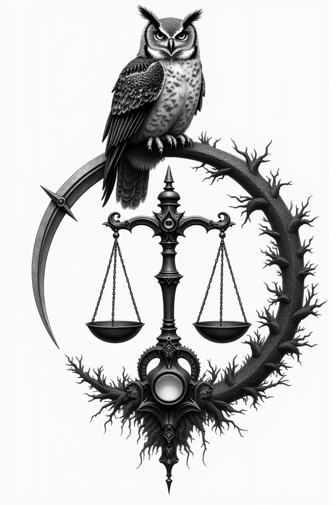 Symbol of death, with an owl, A WORLD,a scythe, a scale, A sand clock, all in a circle and black and white drawing
