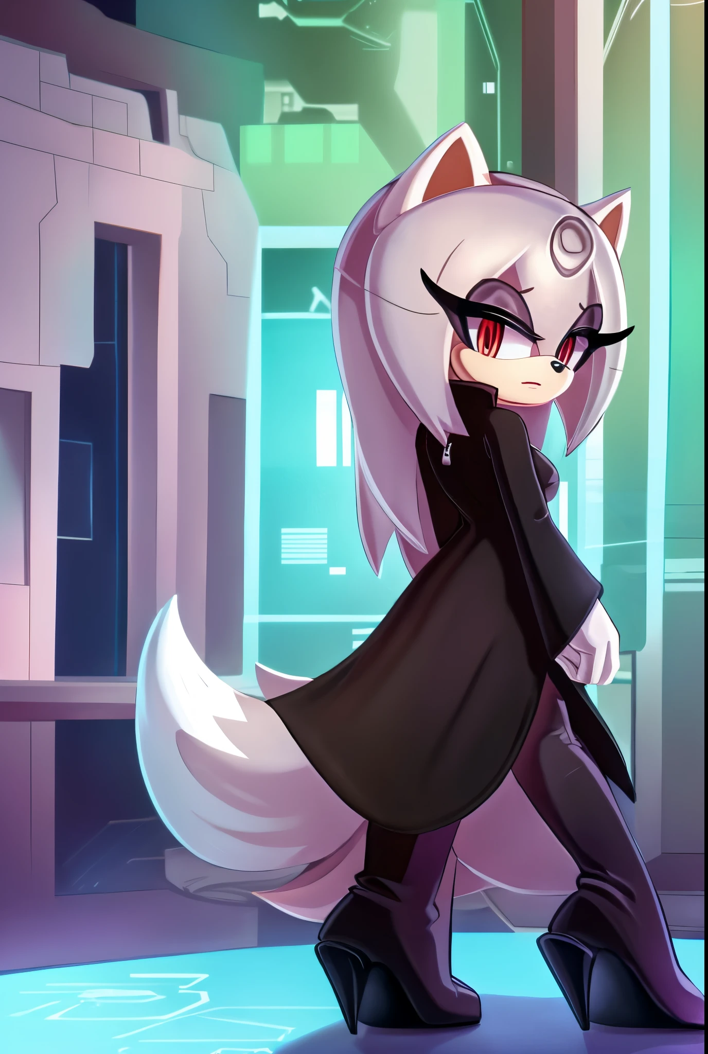 sthsage, female, Female Kitsune, ((Sage as a Mobian Kitsune)), white fur, fox ears, ((long hair)), ((lower back length hair)), white hair, multicolored hair, hair over one eye, red eyes, (more than one fox-like tails), ((black dress)), (full skirt black dress), ((white zipper-like stripe down center of dress)), standing, blank expression, ((lab background)), medium breasts, (long sleeves), eggmaam styled black dress, eggmaam cosplay, eggmaam uniform, black pants with high heeled boots attached, Eggmaam styled boots, daytime, (mobian), Mobius city 
