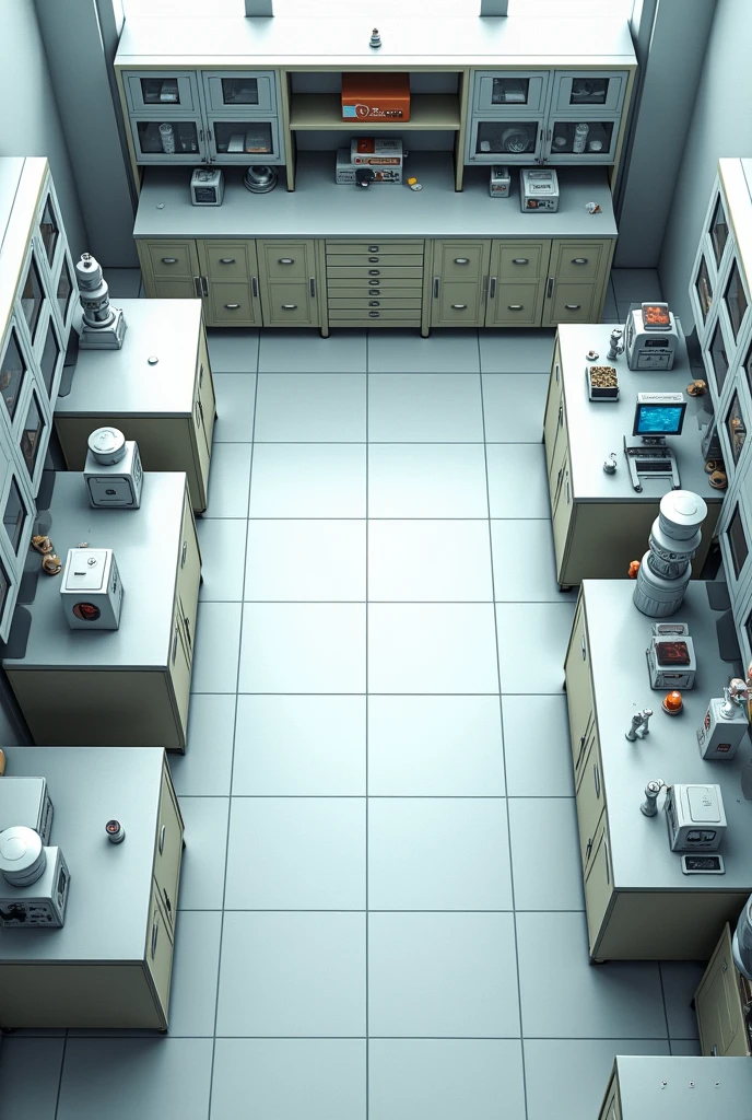 laboratory cabinets seen from above like an RPG table