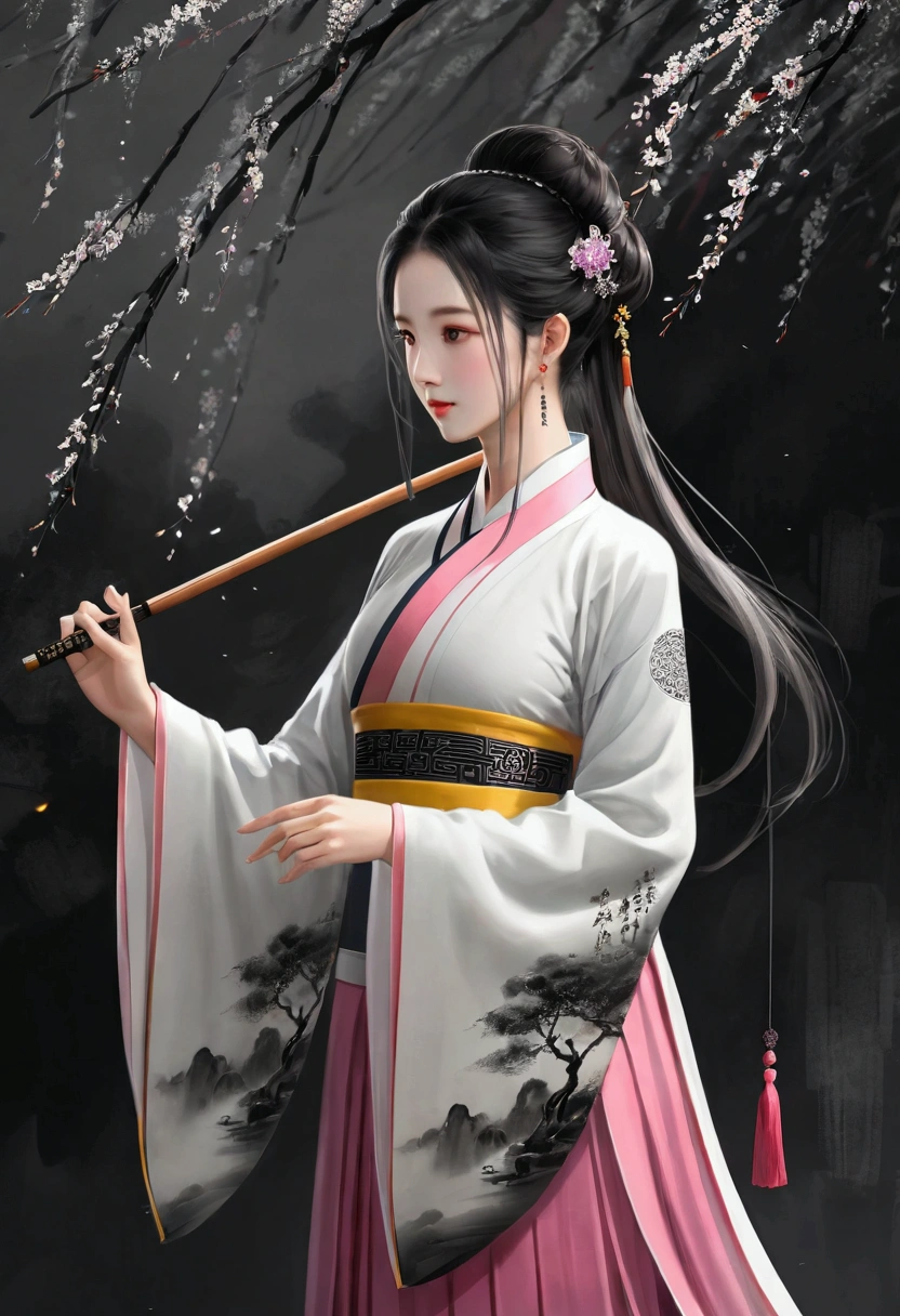 Traditional Chinese ink painting,Willow trees in the background,wu chang shuo,Black and white ink painting,Bokeh,mystery,night,Sky,cloud,
(masterpiece,Best quality:1.5),1 Queen, Long straight hair,Hanfu,Tang Suit,Pink pleated skirt,Yellow belt,