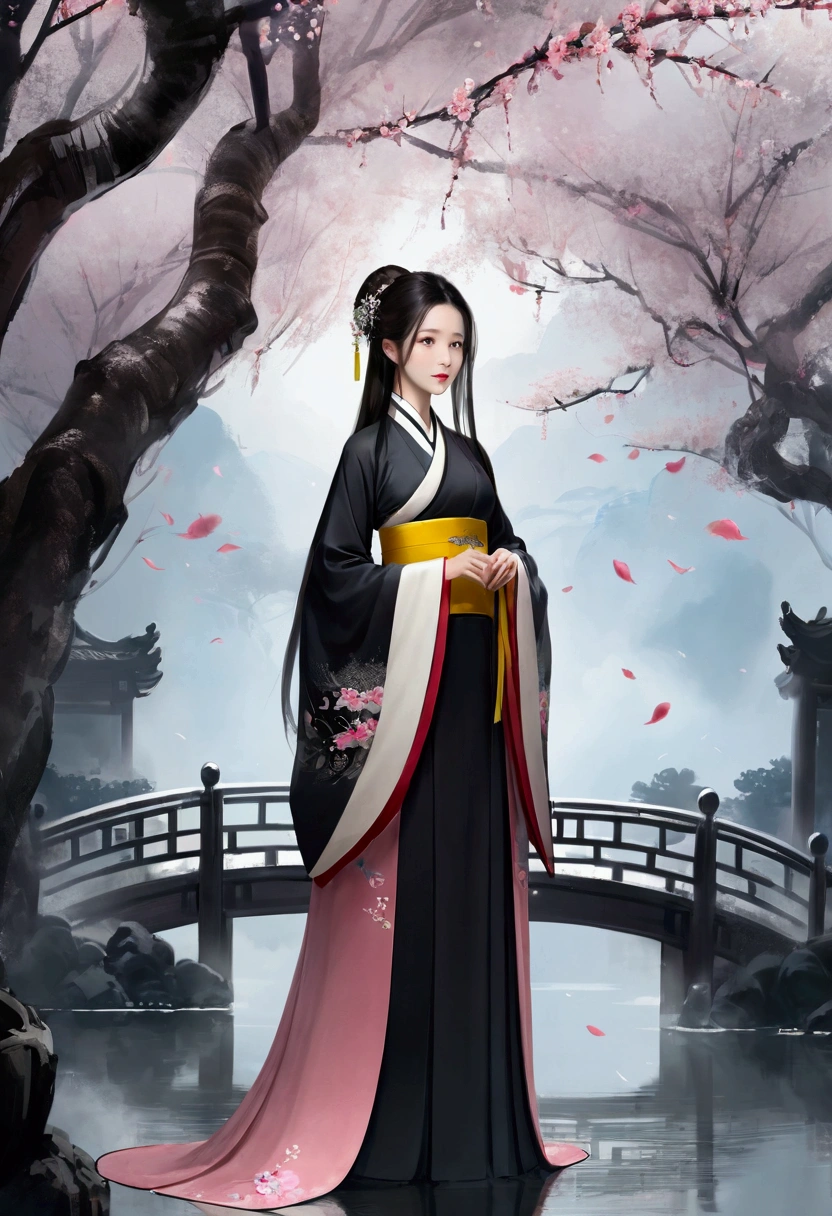 Traditional Chinese ink painting,Willow trees in the background,wu chang shuo,Black and white ink painting,Bokeh,mystery,night,Sky,cloud,
(masterpiece,Best quality:1.5),1 Queen, Long straight hair,Hanfu,Tang Suit,Pink pleated skirt,Yellow belt,