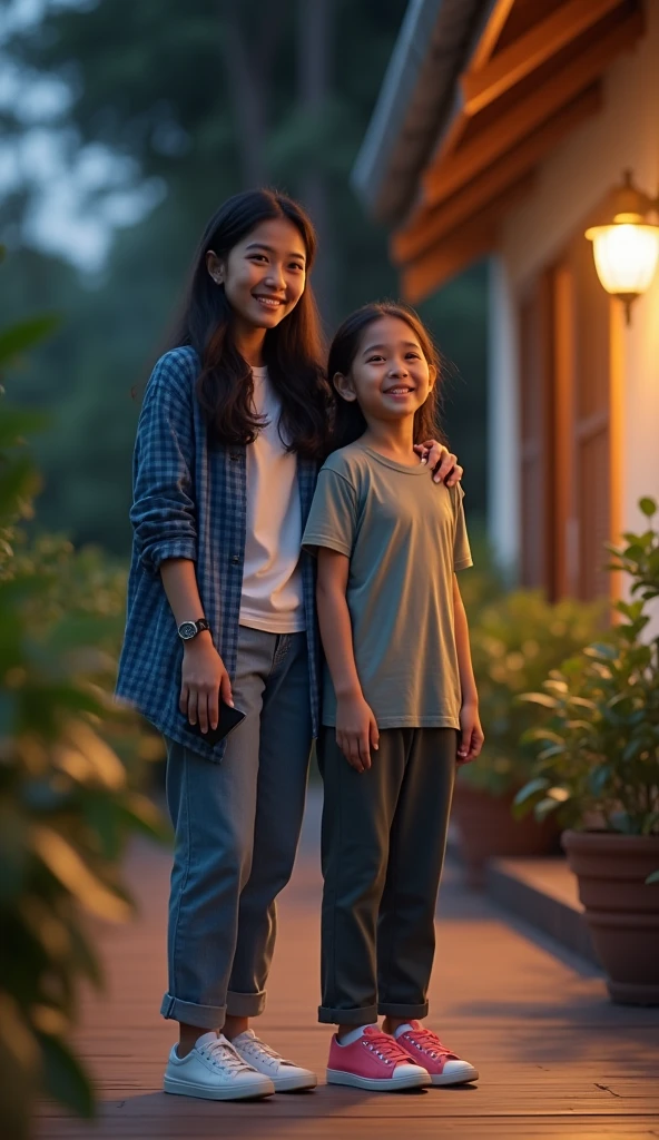 A beautiful Indonesian girl aged 13 years, pakai kaos dan long pants, wear white snickers, sit down, smile facing the camera, Beside him there is a beautiful Indonesian woman, 40 years old, his body is quite fat, fair skin, big nose, long wavy hair, wearing a blue flannel shirt, long pants, wearing pink sneakers, sit down tanganya pegang ponsel, happy face facing the camera, on the terrace of a beautiful country house, night atmosphere, minimal defects, very detail, realistic, 8K picture