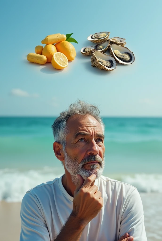 1 pill equals 6 oysters. Ocean background and a man thinking
