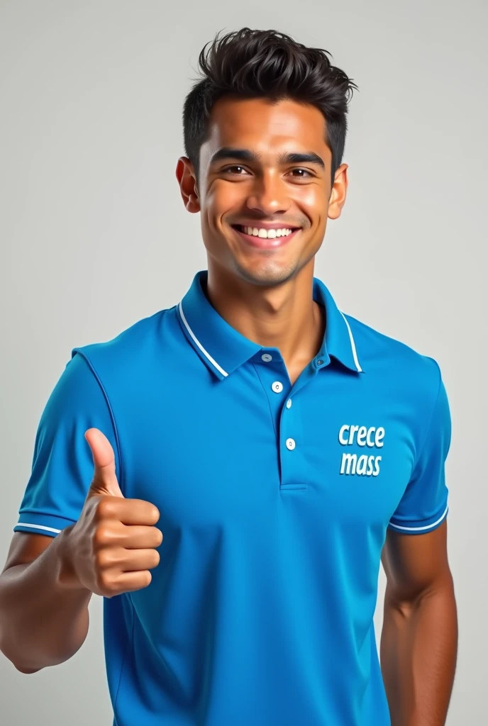  Create a realistic young Latino with a polo shirt collar in total electric blue. besides, The polo shirt must have the phrase in white " CRECE MASS" printed on the right chest. Must have thumb up . The young person must be between 20 and 2.
