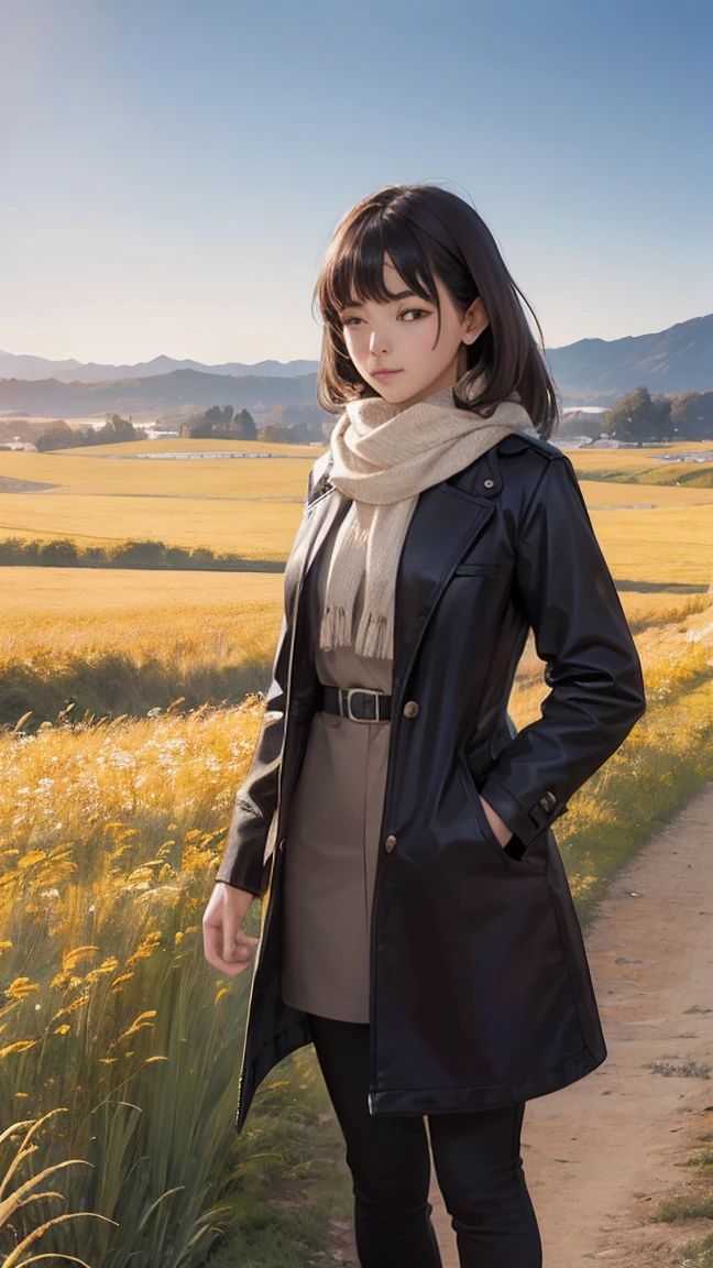 8k, Highest quality, masterpiece, Realistic, Very detailed, photo Realistic, Improvement of quality, Photo of a girl standing in a field wearing a scarf, designer&#39;Dark and gloomy style, big chunks, Photobash, Calm face, Jagged Edges, navy, Natural Beauty, Close-up shot