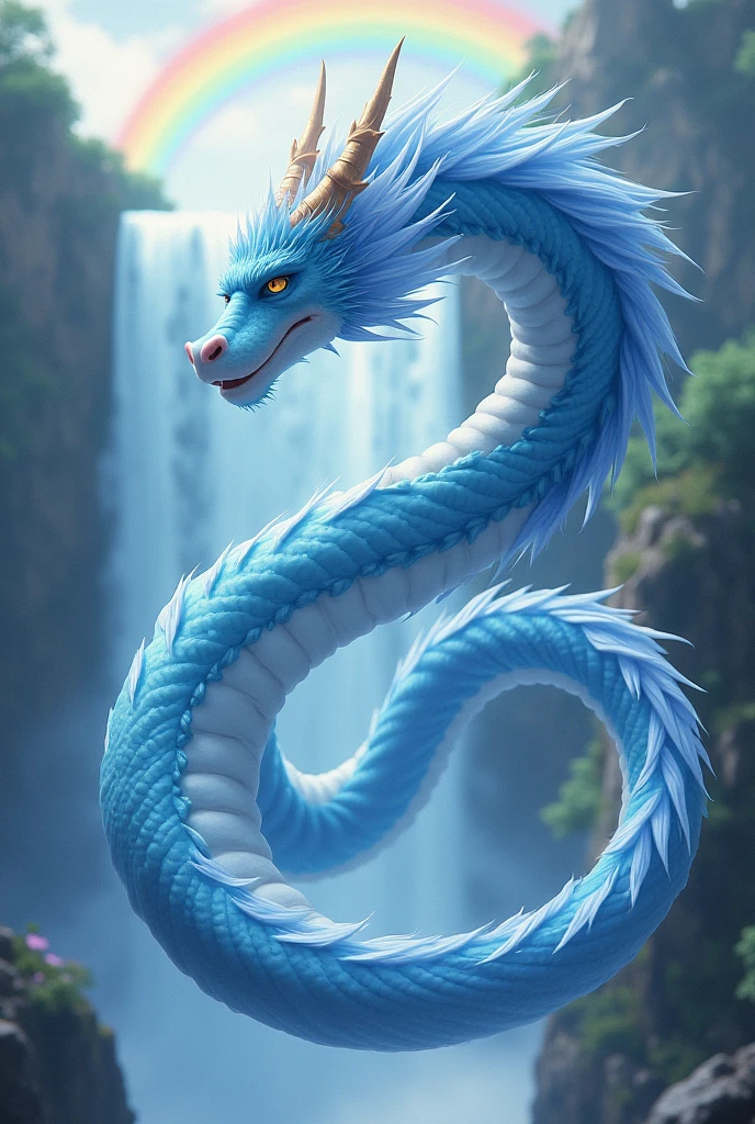 masterpiece, Highest quality,Japan Dragon God、Blue dragon、Rin々A gentle and calm expression、With fluffy fur。Flying in a circle。No wings、Sparkling and kind eyes、Its snake-like, slender body is so long that it doesn't fit on the screen.、The background is a waterfall and a rainbow、Beautiful mane