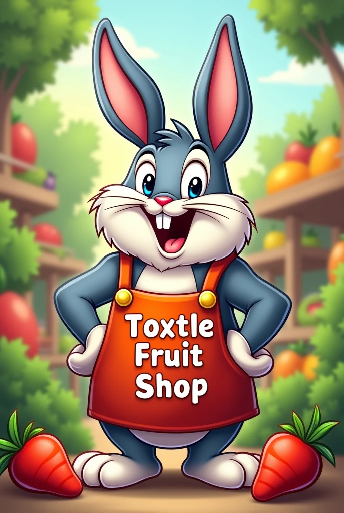 Logo with a chubby Bugs Bunny with an apron where it says Toxtle Fruit Shop.