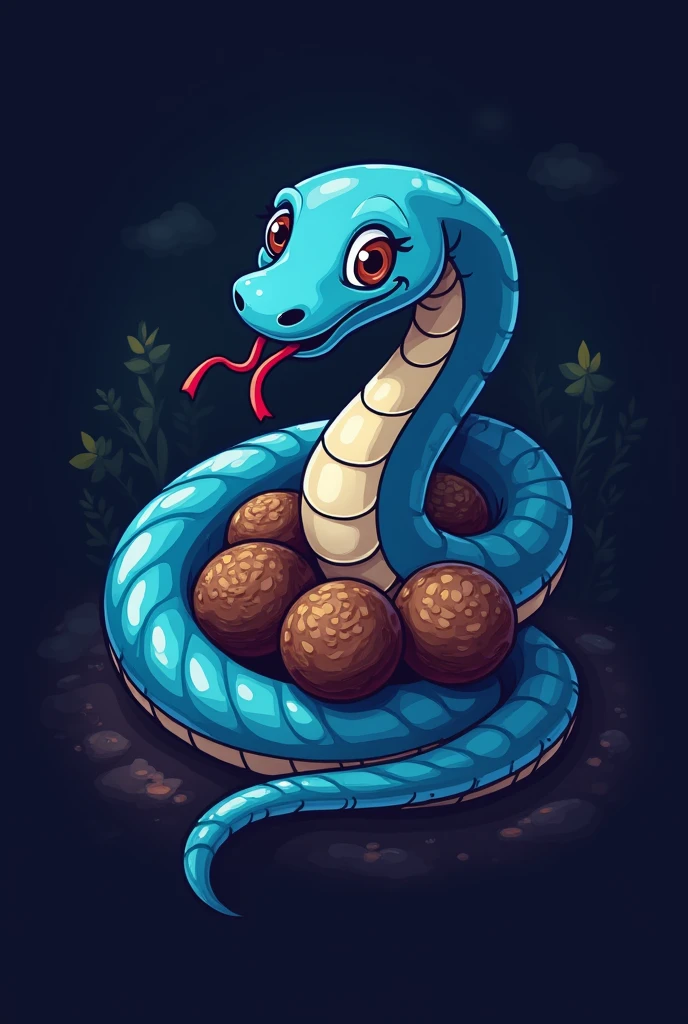 make a logo of a blue snake eating truffles, dark colors Cartoon. TRUFFLE SALE LOGO