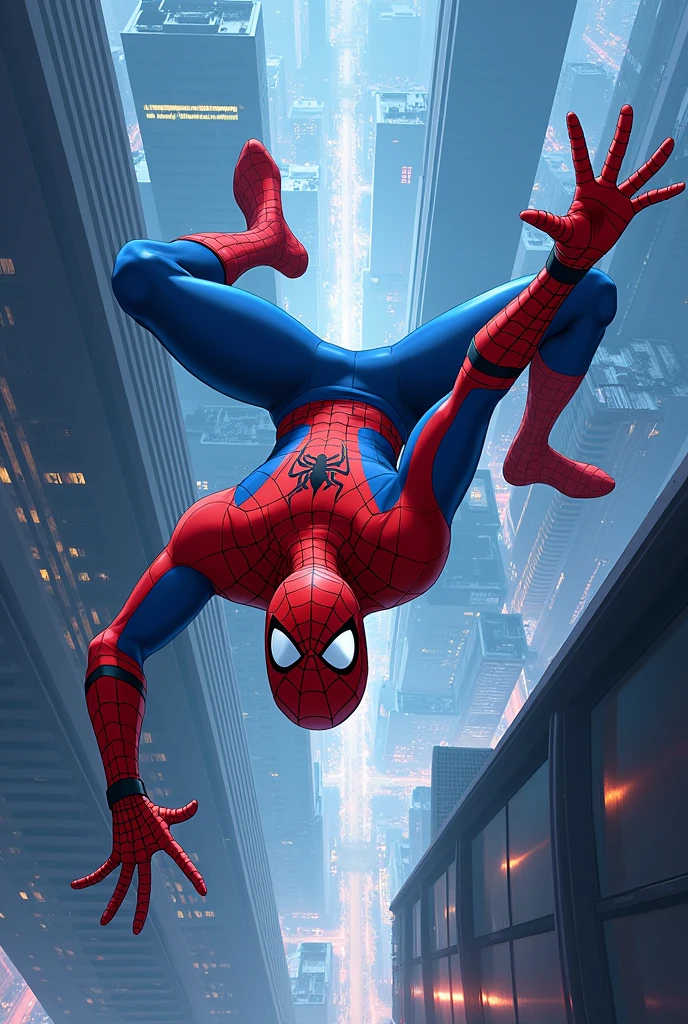 Spider-Man falling from the high place in anime