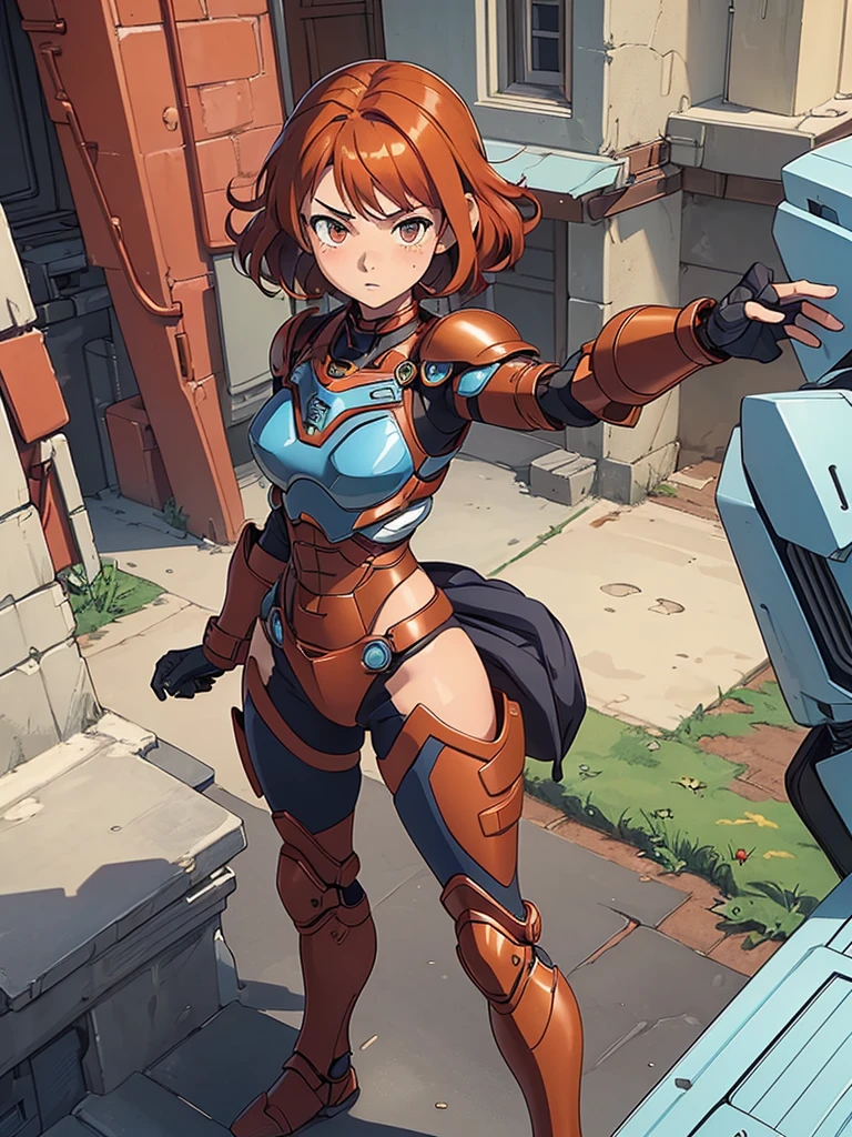 highest quality,T Masterpiece,final solution,Fluffy,Very colorful,colorful,mature woman,copper red hair, curly hair, brown eyes, short hair, freckles, blue fight combat uniform,tight suit, desert, Legs