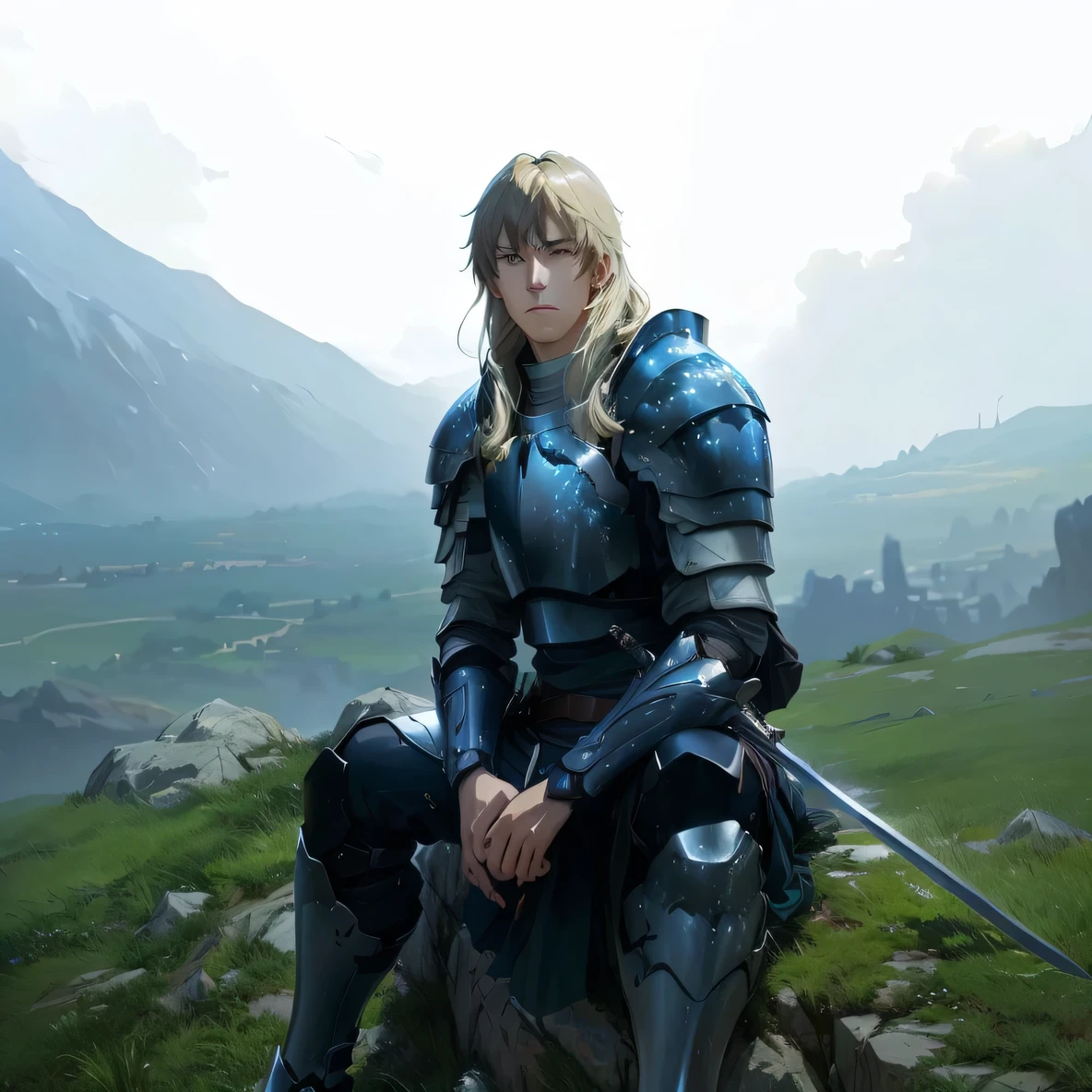 A close up of a person IN ARMOUR sitting on a rock with a sword, with a cloudy sky, Makoto Shinkai. digital rendering, Makoto Shinkai art style, handsome anime pose,
