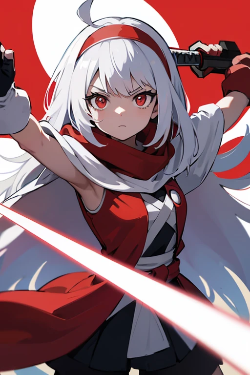 Cloak of Disrobement, Pokémon, Trainer,stripe,long hair, breasts, looking at viewer, bangs, simple background, red eyes, gloves, white background, holding, weapon, white hair, hairband, sword, holding weapon, arm up, holding sword, dual wielding, red scarf,undress,Moon