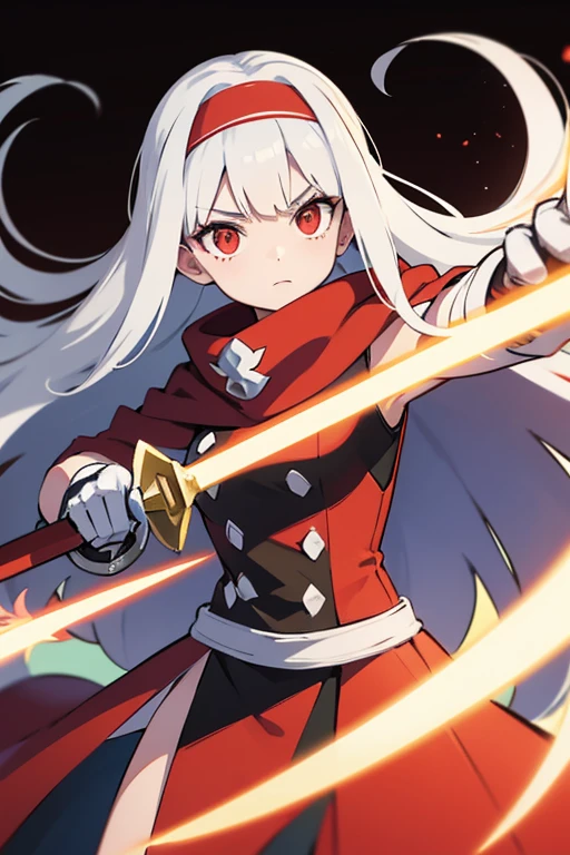 Cloak of Disrobement, Pokémon, Trainer,stripe,long hair, breasts, looking at viewer, bangs, simple background, red eyes, gloves, white background, holding, weapon, white hair, hairband, sword, holding weapon, arm up, holding sword, dual wielding, red scarf,???????,Moon