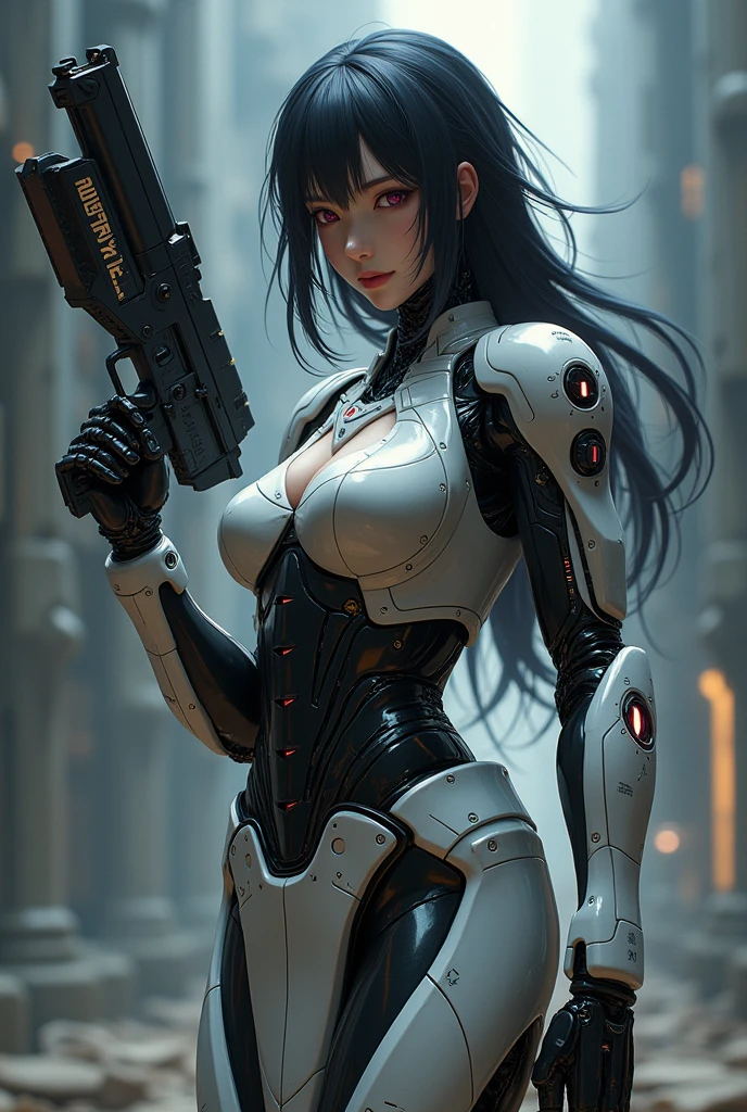 daughter, robotic goddess, half human, half-robot, pele humana realisitic, long hair, dark haired, attack pose,robotic parts, partially human appearance, strength, smart, realisitic, quality image, dystopian background l, Technological Fund, futuristic technology, human race, アニメ, hacker, strength, sublime and violent aspect, no cleavage, equipped with a technological weapon, for one-handed use, short range, long range mode, futuristic artifact, design ancestral, advanced technology, equipment of a technological deity. combat pose, most threatening weapon, enfoque na Technological weapon, combat pose, offensive stance, Technological weapon, elsword, spear, 弓