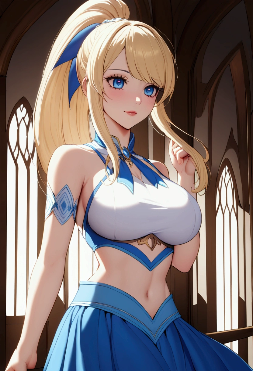 Lucy Heartfillia from FairyTail with long straight blonde ponytail hair with blue skirt and white crop top, large breasts
